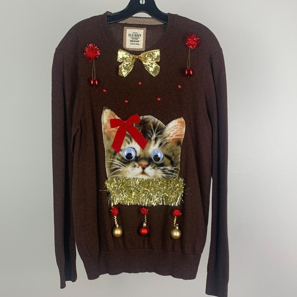 Ugly Christmas Sweater Men's size Medium Kitty Cat Googly Eyes Jingle Bells Fun!